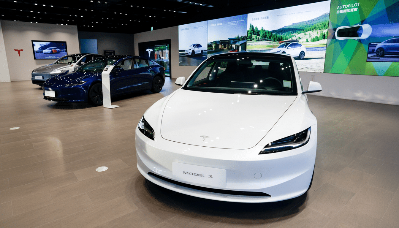 A white Tesla Model 3 and other Tesla vehicles are displayed in a showroom with large screens showcasing Tesla' s features and models.
