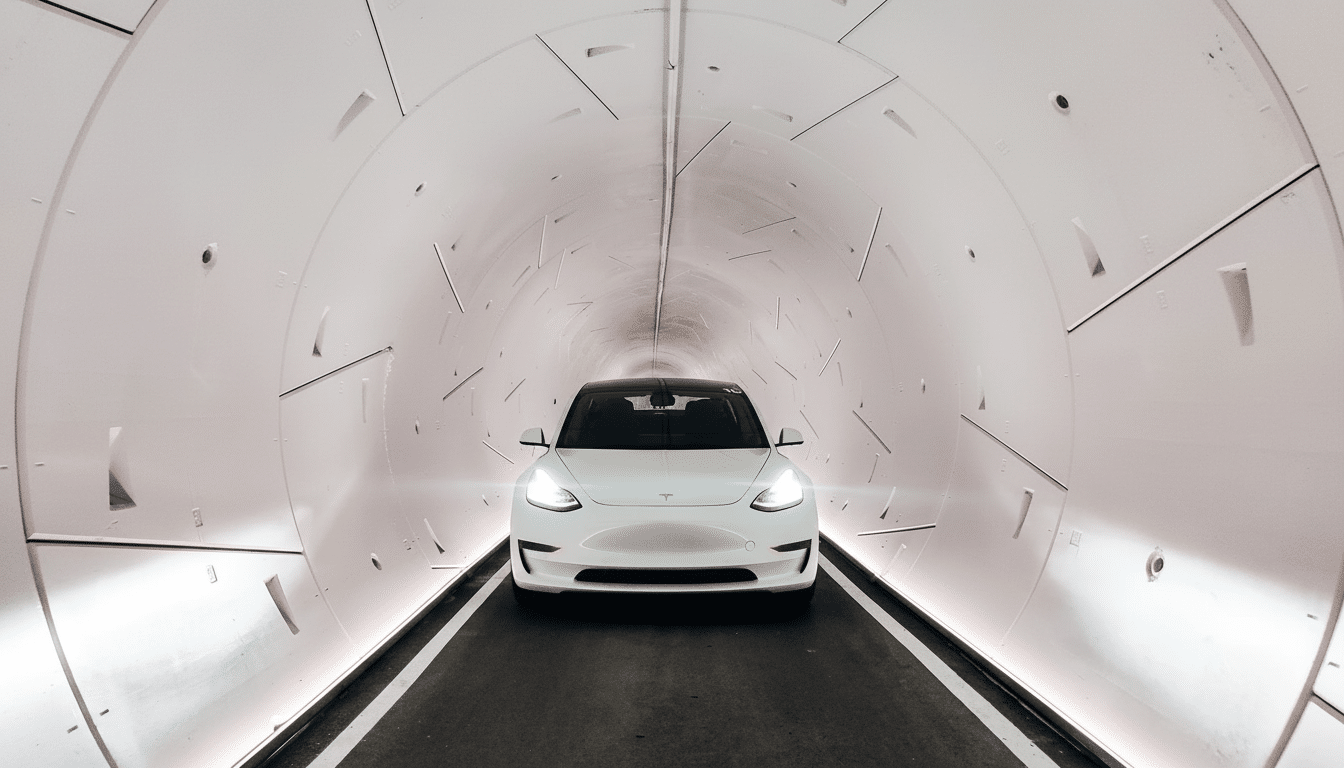 A white Tesla Model 3 in a futuristic, illuminated tunnel, presented in a 16 :9 aspect ratio .