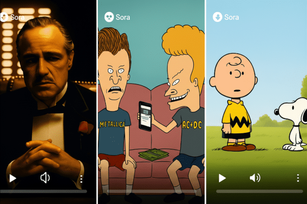 Three vertical video stills side-by- side, each with a Sora logo at the top. The left shows Marlon Brando as Vito Corleone. The middle shows Be avis and Butt -Head on a couch with a smartphone . The right shows Charlie Brown and Sno opy in a grassy field.