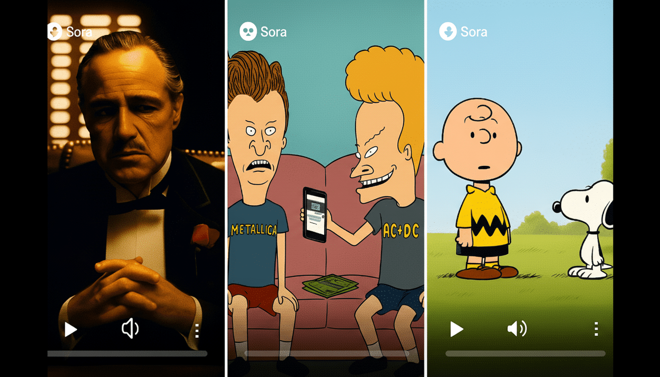 Three vertical video stills side-by- side, each with a Sora logo at the top. The left shows Marlon Brando as Vito Corleone. The middle shows Be avis and Butt -Head on a couch with a smartphone . The right shows Charlie Brown and Sno opy in a grassy field.