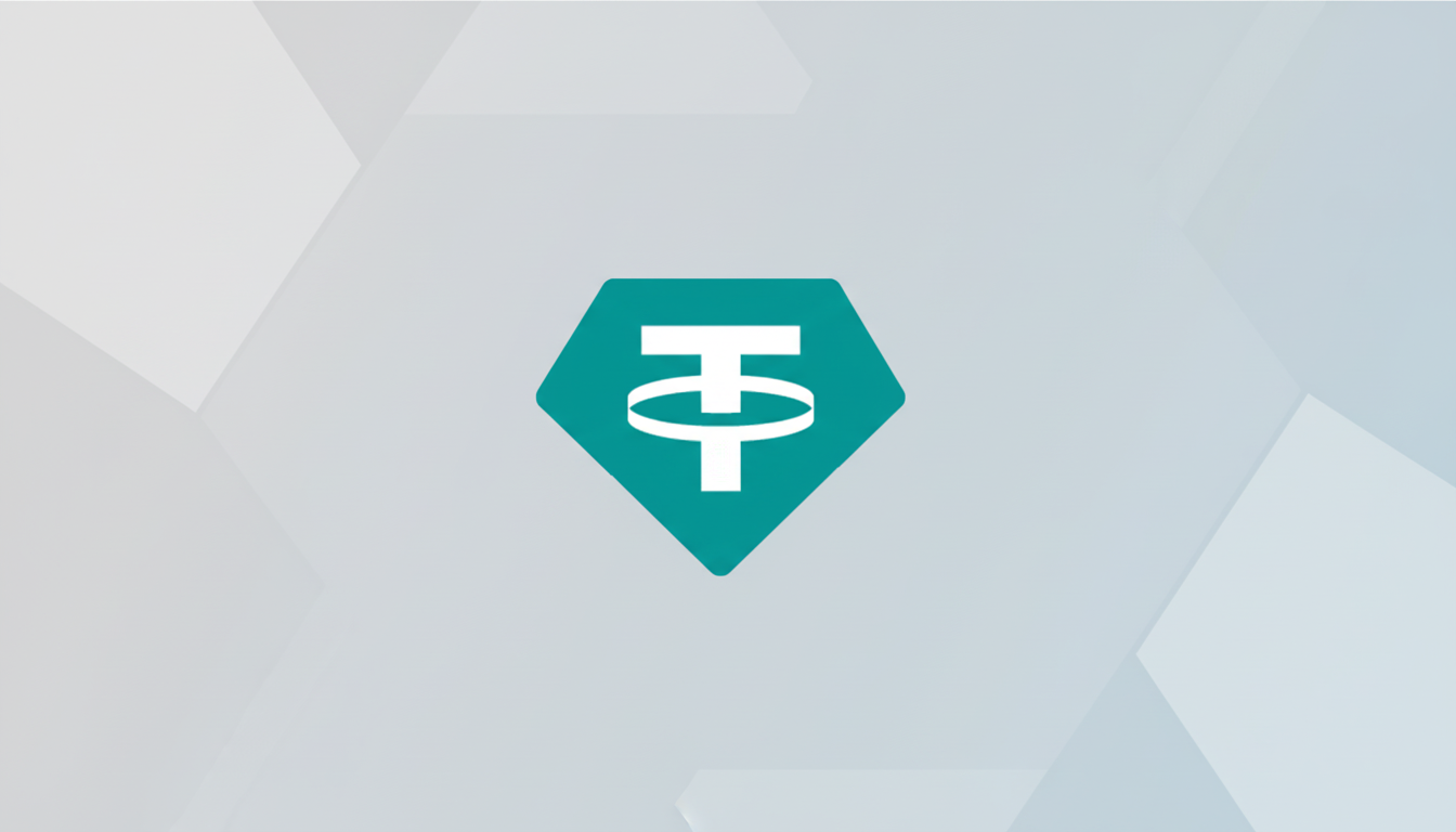 A 16:9 aspect ratio image featuring the Tether (USDT) cryptocurrency logo, a white T with a horizontal ring around its middle, set against a teal diamond shape. The background is a professional flat design with soft gray hexagonal patterns.