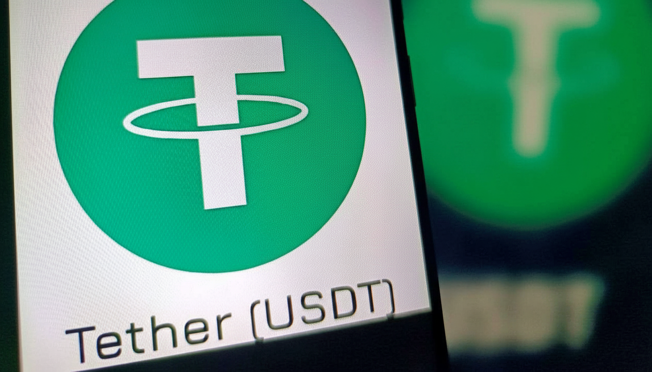 The Tether (USDT) logo, a white T with a circular line around its base, on a green circle, displayed on a screen with a blurred reflection of the logo next to it.