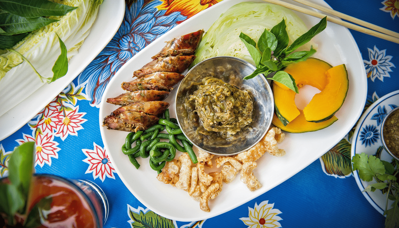 A professional overhead shot of a Thai food platter, featuring various dishes like grilled sausages, green beans, cabbage, pumpkin slices, a bowl of d