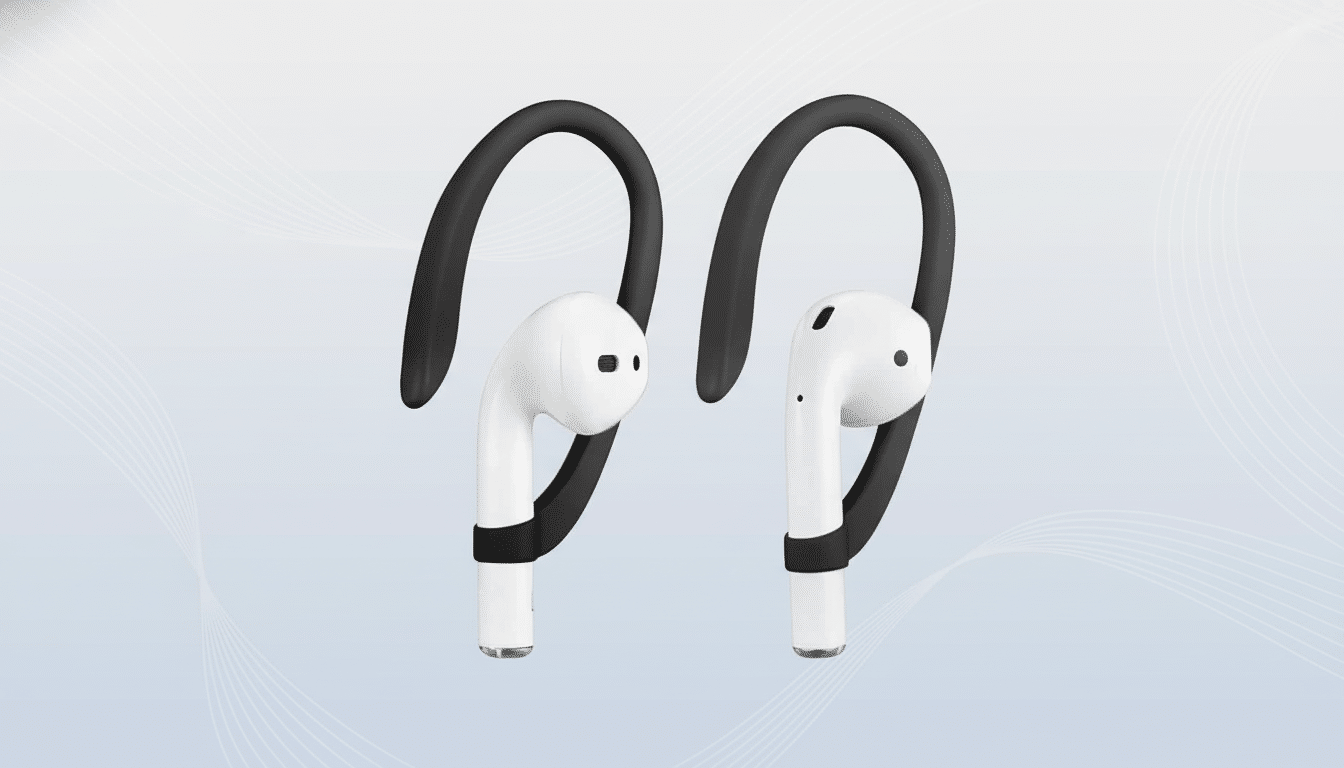 A pair of white AirPods with black ear hooks, positioned side -by-side against a soft gray- blue gradient background with subtle wave patterns.