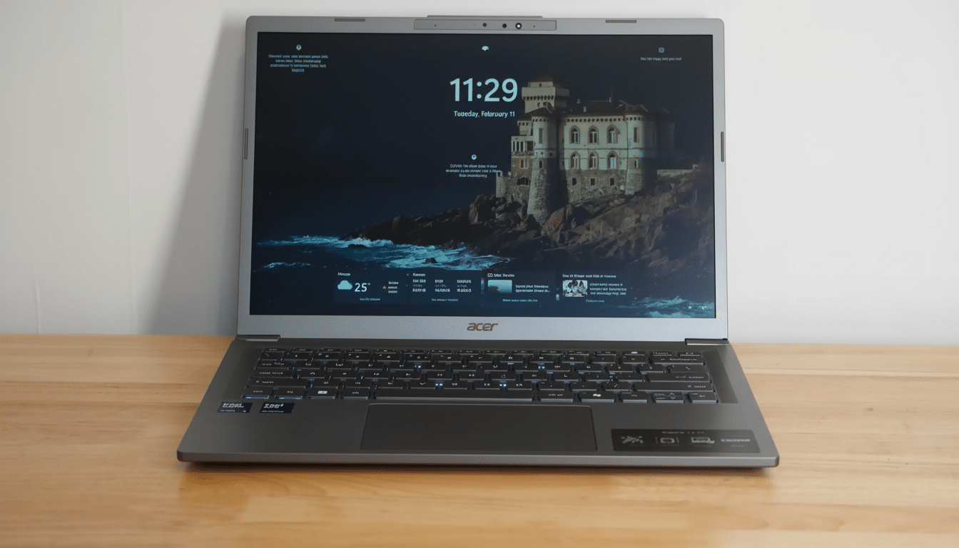 An Acer laptop with a detailed lock screen image of a castle on a rocky coast , displaying the time and date ( 11:2 9, Tuesday, February 11 ), weather information, and news headlines, placed on a light wooden table .