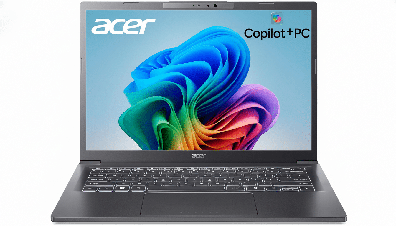 An Acer laptop with the Copilot+PC logo on the screen, displaying a colorful, abstract wallpaper , resized to a 1 6:9 aspect ratio. Filename : acercop ilotlaptop 16 9. png