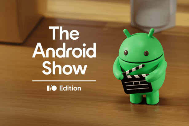 The Android Show I/ O Edition logo with a green Android figure holding a clapper board on a wooden surface. Filename : the androidshow ioedition logo.png