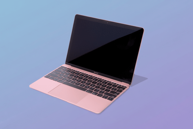 A rose gold MacBook with a black screen is presented on a soft gradient background transitioning from light blue to purple, resized to a 1 6: 9 aspect