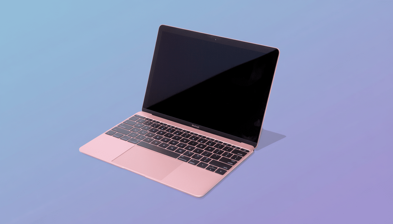 A rose gold MacBook with a black screen is presented on a soft gradient background transitioning from light blue to purple, resized to a 1 6: 9 aspect