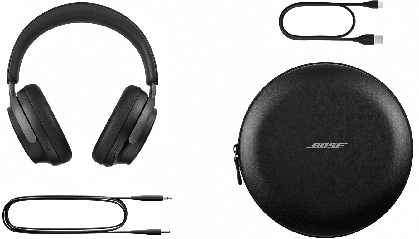 A professional overhead shot of black Bose headphones with their accessories ( charging cable, audio cable, and carrying case) arranged on a white bac