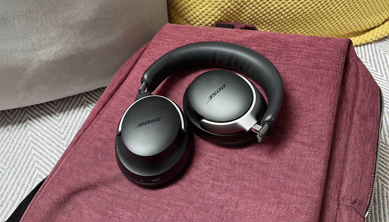 Black Bose noise -cancelling headphones resting on a maroon backpack.