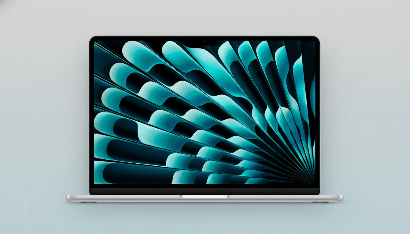 A silver laptop with a screen displaying a teal and black abstract wallpaper, set against a light grey background with a faint hexagonal pattern.