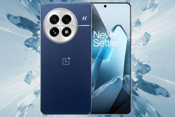 A professional , enhanced image of a dark blue smartphone with a circular camera module featuring four lenses, displayed at a 16 :9 aspect ratio . The screen shows Never Settle text with a crystalline background, while the phone itself has a textured back and a OnePlus logo .