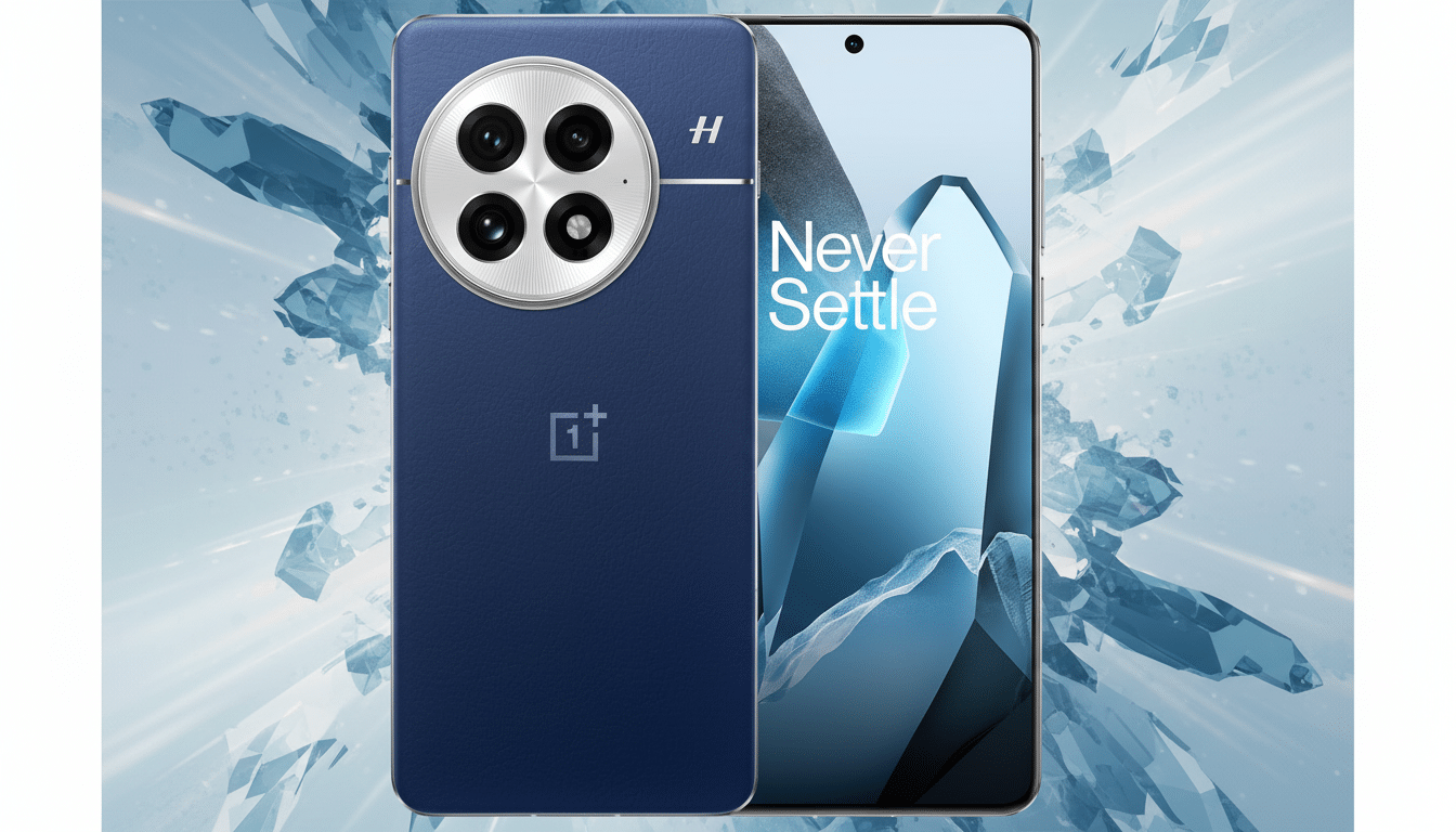 A professional , enhanced image of a dark blue smartphone with a circular camera module featuring four lenses, displayed at a 16 :9 aspect ratio . The screen shows Never Settle text with a crystalline background, while the phone itself has a textured back and a OnePlus logo .