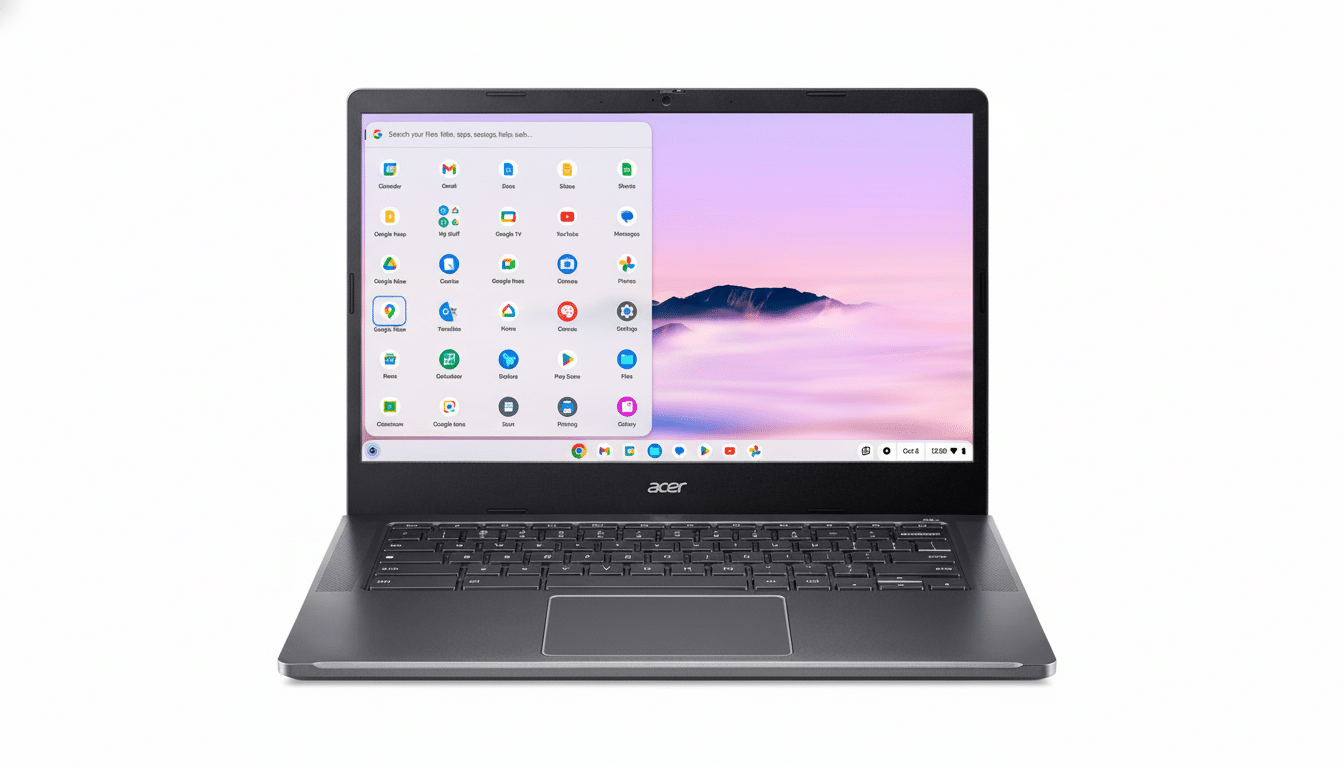 An Acer Chromebook with a gray finish , displaying the Chrome OS interface with various app icons, set against a light , minimalist background. Filename : acerchrom ebook16 9. png