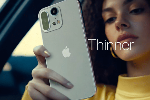 A woman in a yellow top holding an iPhone with Thinner written on the screen, resized to a 16: 9 aspect ratio.