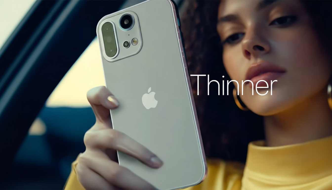 A woman in a yellow top holding an iPhone with Thinner written on the screen, resized to a 16: 9 aspect ratio.