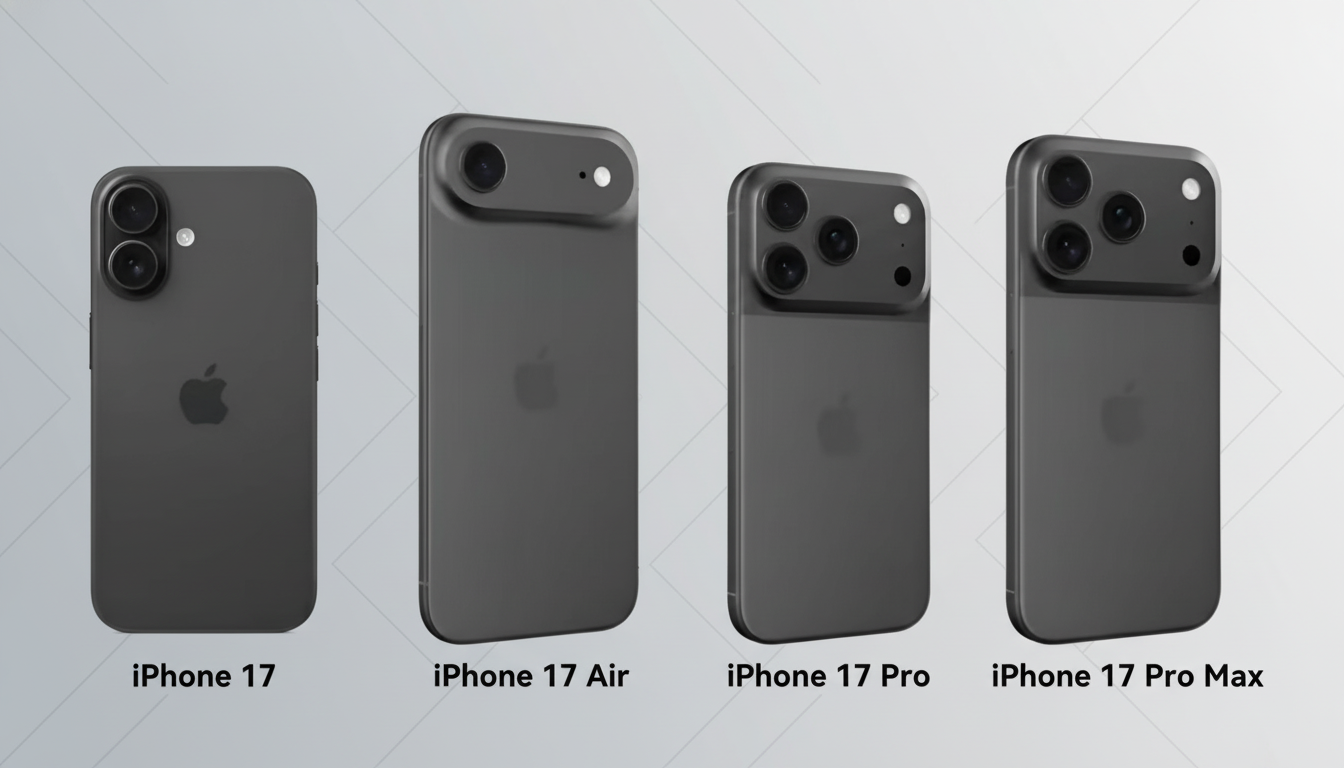 Four dark gray mock-up iPhone models are displayed side-by- side on a light gray gradient background. From left to right, they are labeled iPhone 1 7,
