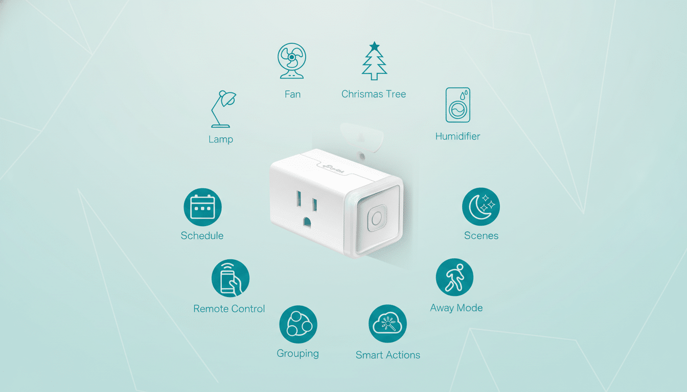 A white smart plug is centered , surrounded by various icons representing its features like fan control , Christmas tree mode , humidifier control , scheduling , remote control, grouping, smart actions , away mode, lamp control , and scene setting , all on a light blue background with subtle geometric patterns.