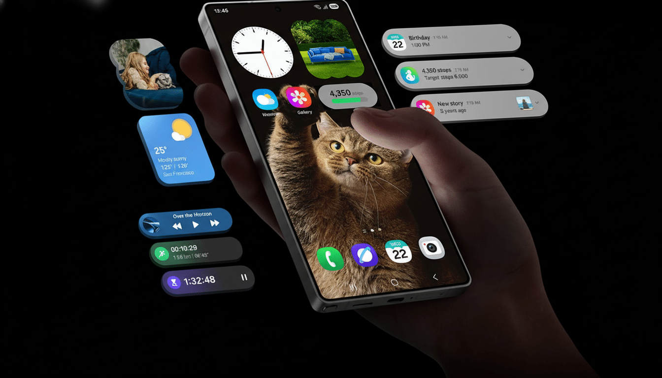 A hand holding a smartphone displaying a cat on the screen, surrounded by various app widgets and notifications.
