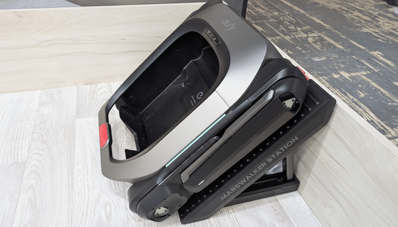 A e ufy Mars walker Station, a robotic vacuum cleaner, is shown at an angle on a light wooden floor. The device is mostly dark grey and black with som
