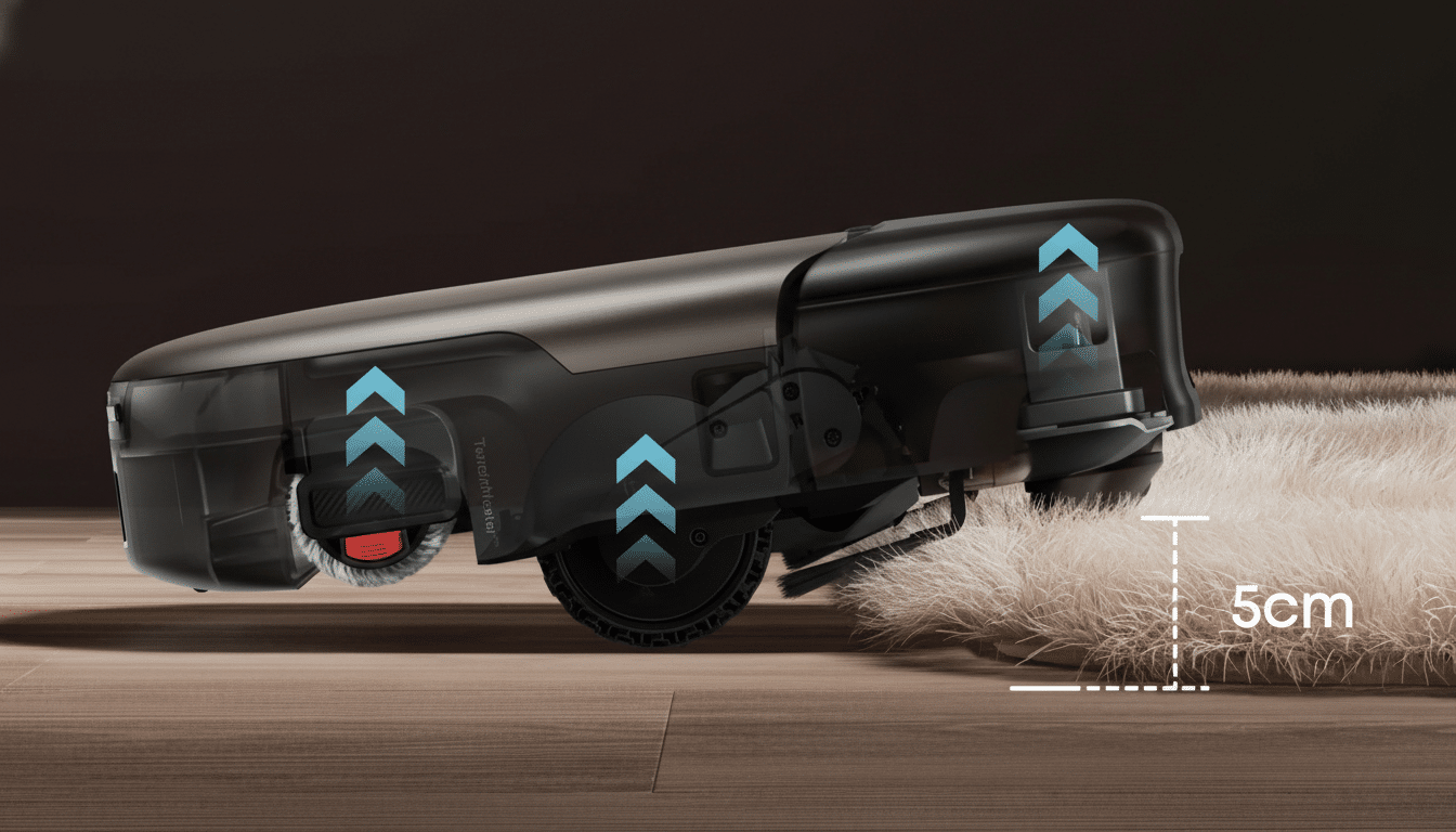 A dark robotic vacuum cleaner with transparent sections illustrating internal mechanisms, navigating from a wooden floor onto a light- colored shag ru