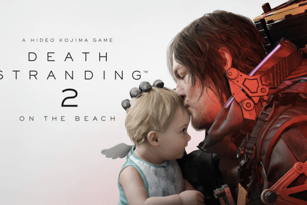 Death Str anding 2: On the Beach game cover featuring Sam Porter Bridges kissing a baby on the forehead, set against a white and red - ting ed backgro