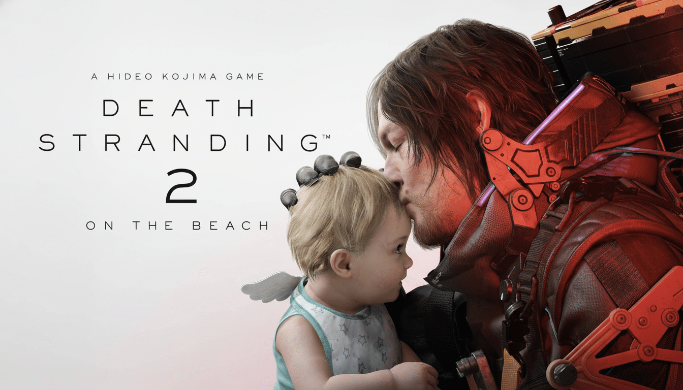 Death Str anding 2: On the Beach game cover featuring Sam Porter Bridges kissing a baby on the forehead, set against a white and red - ting ed backgro