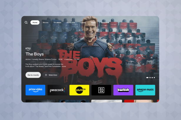 A professional 16:9 aspect ratio image of a streaming app interface featuring The Boys with a blurred plant and couch in the original background , now against a professional flat design background with a soft pattern .