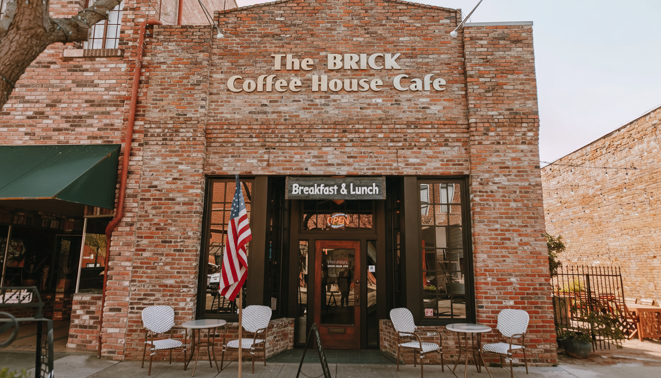 The Brick Coffee House Cafe with an American flag hanging by the entrance.