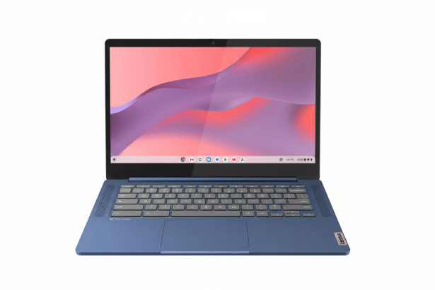 A blue Lenovo Chromebook laptop with a red and purple wavy background on the screen, presented on a white background. Filename : lenovo chromebookblue . png