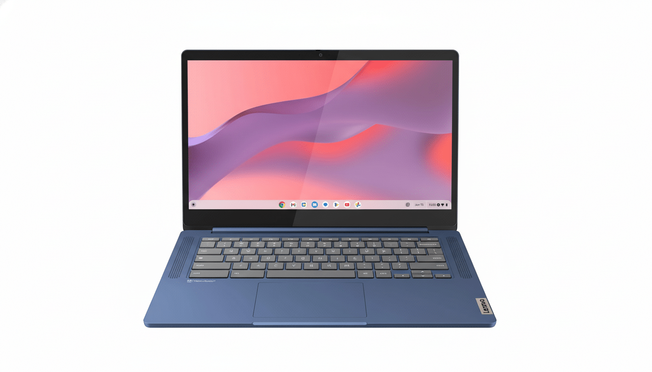 A blue Lenovo Chromebook laptop with a red and purple wavy background on the screen, presented on a white background. Filename : lenovo chromebookblue . png