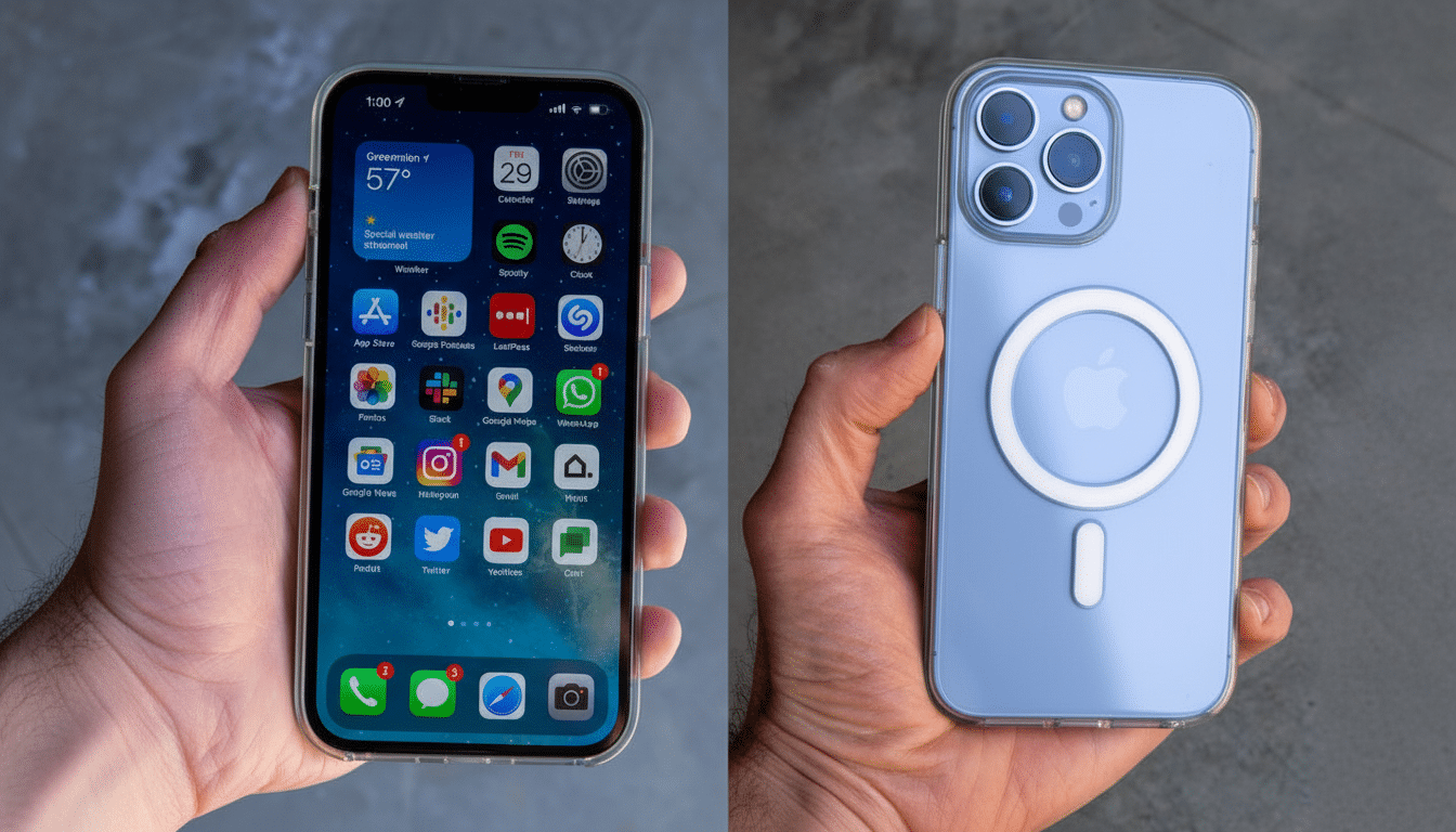 Two hands holding an iPhone 13 Pro in a clear case, showcasing the front screen with app icons and the back with a MagSafe charger.