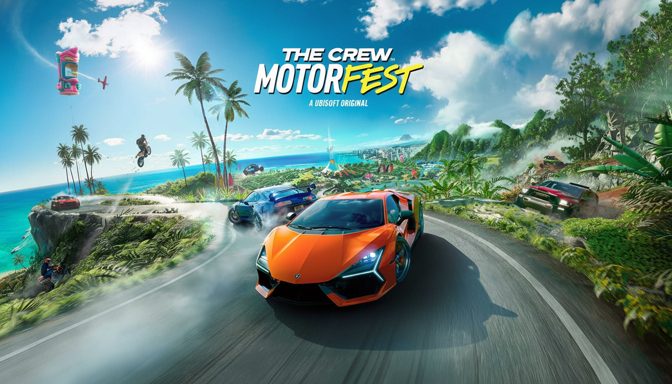 The Crew Motorfest game cover featuring an orange sports car leading other vehicles on a winding road overlooking a tropical island landscape with palm trees, ocean, and distant city, under a bright sky with clouds.