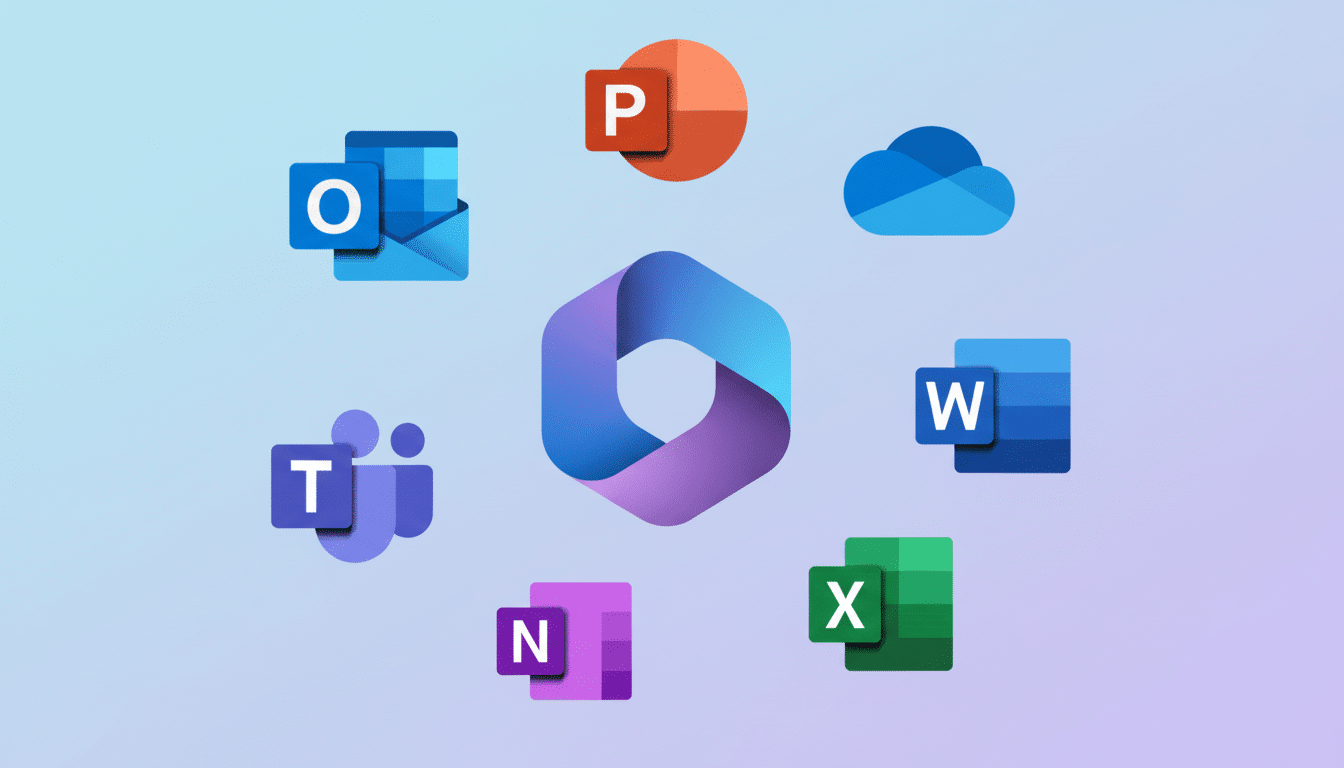 A professional arrangement of Microsoft 365 application icons, including Outlook, PowerPoint, OneDrive, Word, Excel, One Note, and Teams, surrounding
