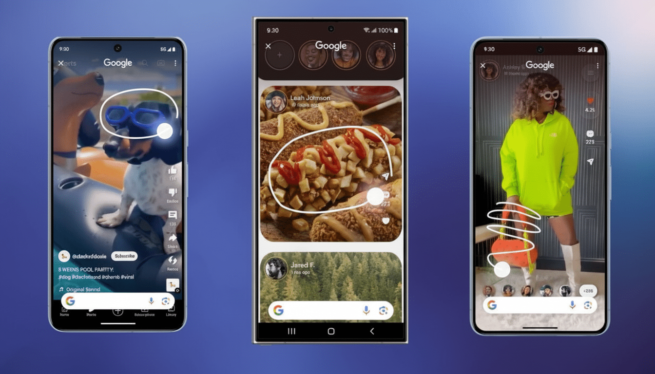 Three smartphones displaying Google Shorts, with the middle phone showing a food-related short, the left a dog, and the right a person in a neon green