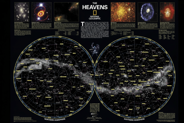 A detailed National Geographic map titled The Heavens featuring a star chart of the Northern and Southern Hem ispheres, along with several in sets showing different celestial phenomena like galaxies and nebulae.