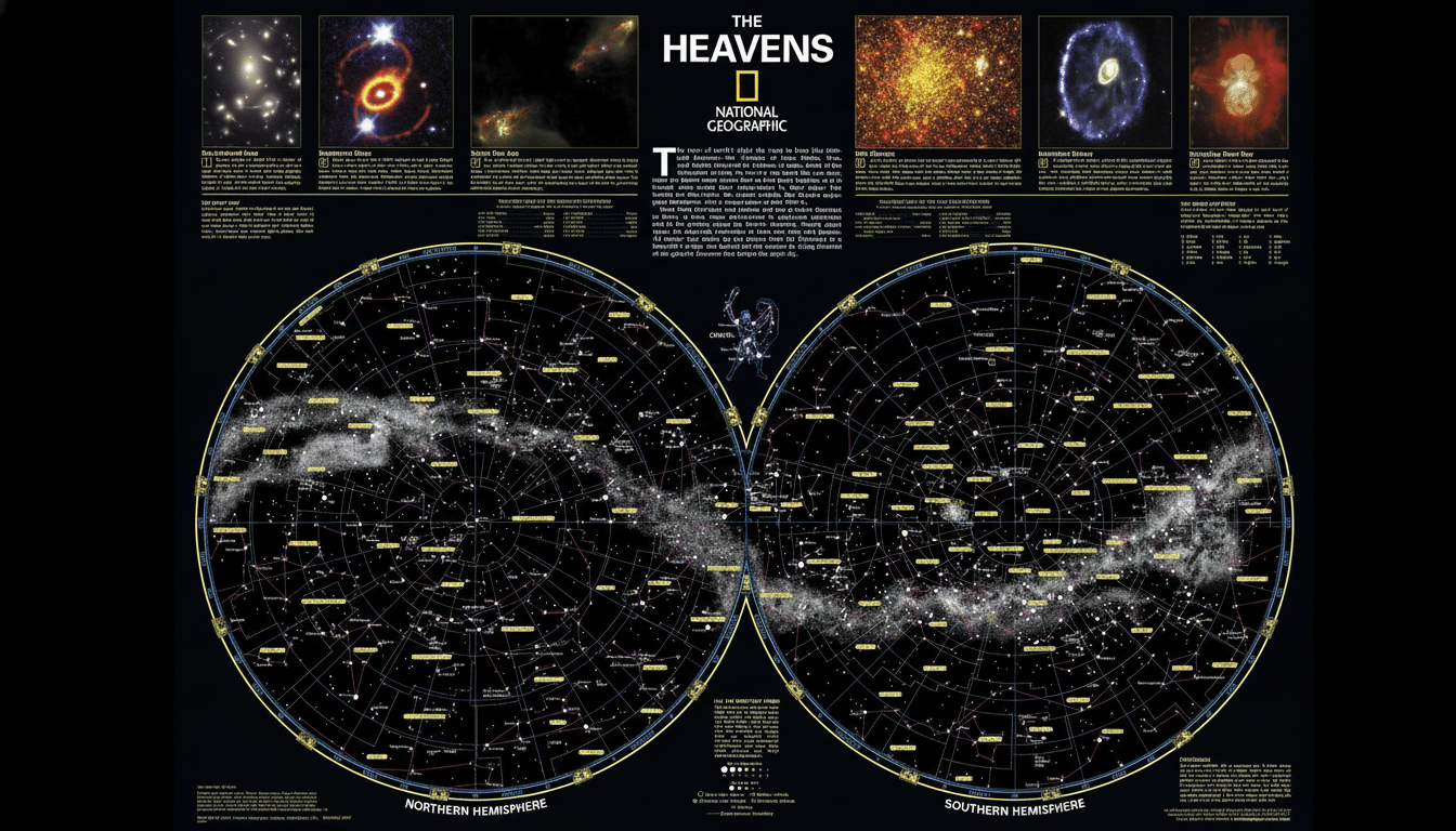 A detailed National Geographic map titled The Heavens featuring a star chart of the Northern and Southern Hem ispheres, along with several in sets showing different celestial phenomena like galaxies and nebulae.