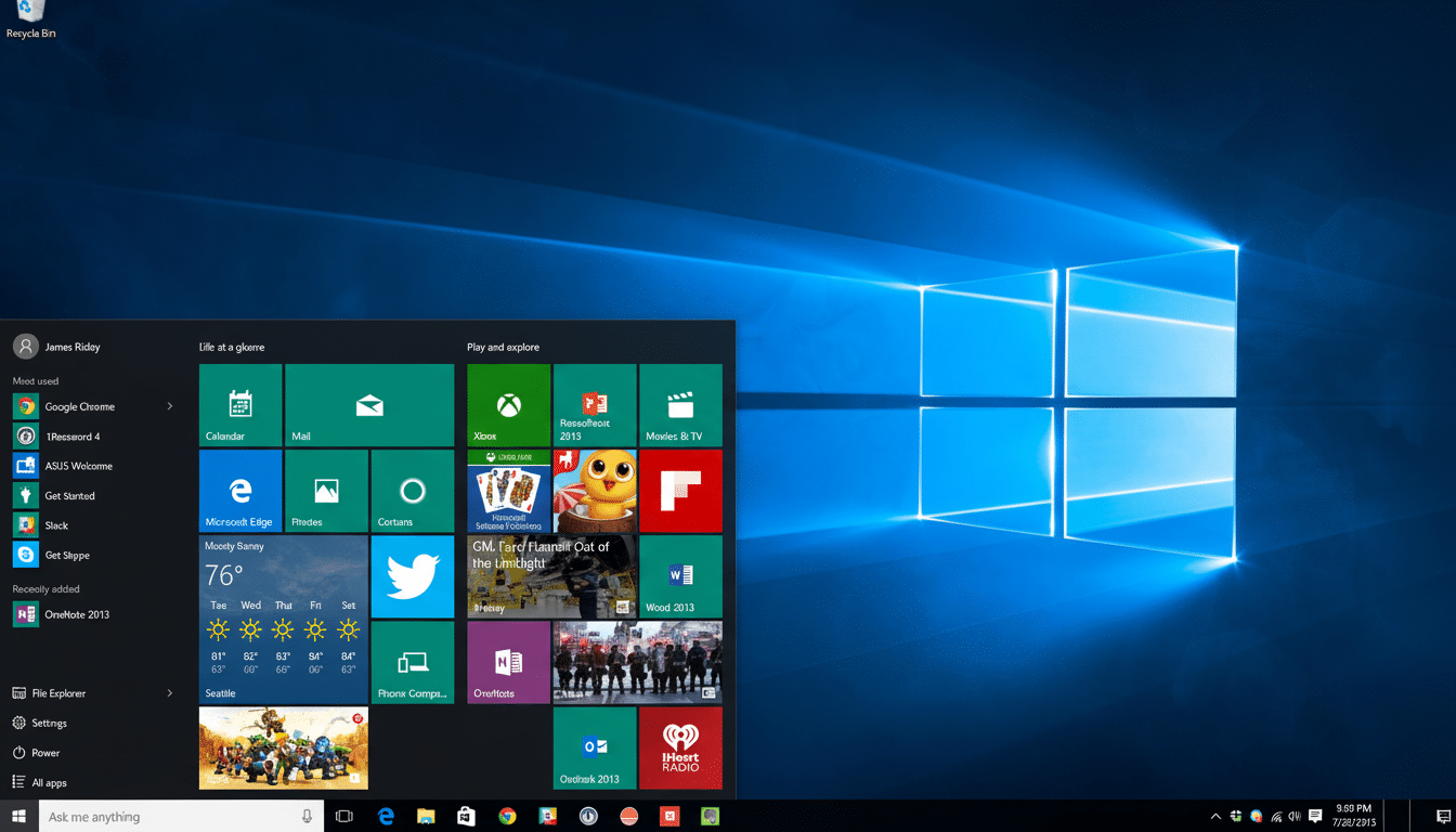 A full -screen view of the Windows 10 desktop with the Start Menu open, displaying various live tiles and app shortcuts . Filename : windows1 0desktop startmenu. png
