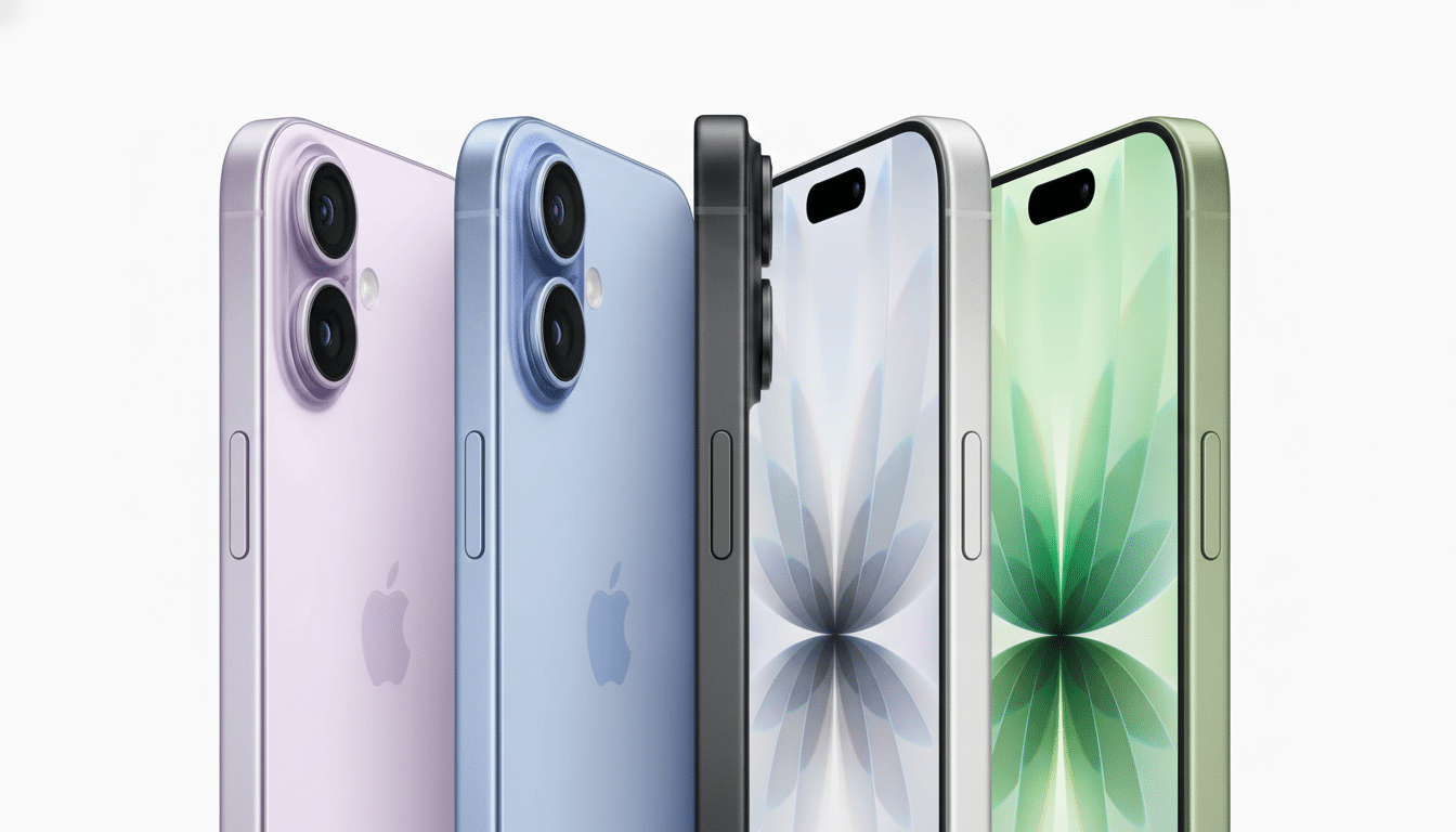 A professional shot of four iPhones in different colors ( purple, blue, black, and green ) arranged in a slight curve against a clean white background