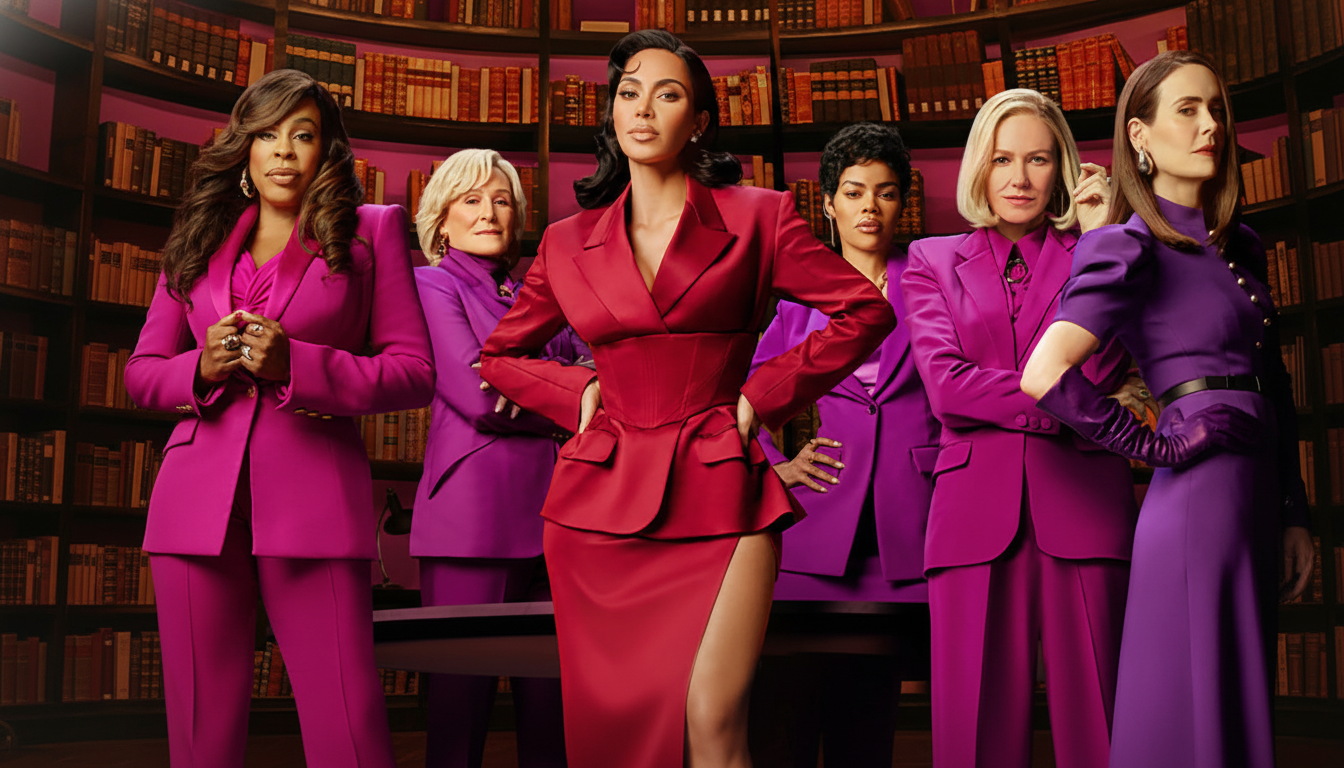 A group of six women, dressed in various shades of pink and purple suits, stand in a room with bookshelves in the background. The woman in the center wears a red suit with a high slit.