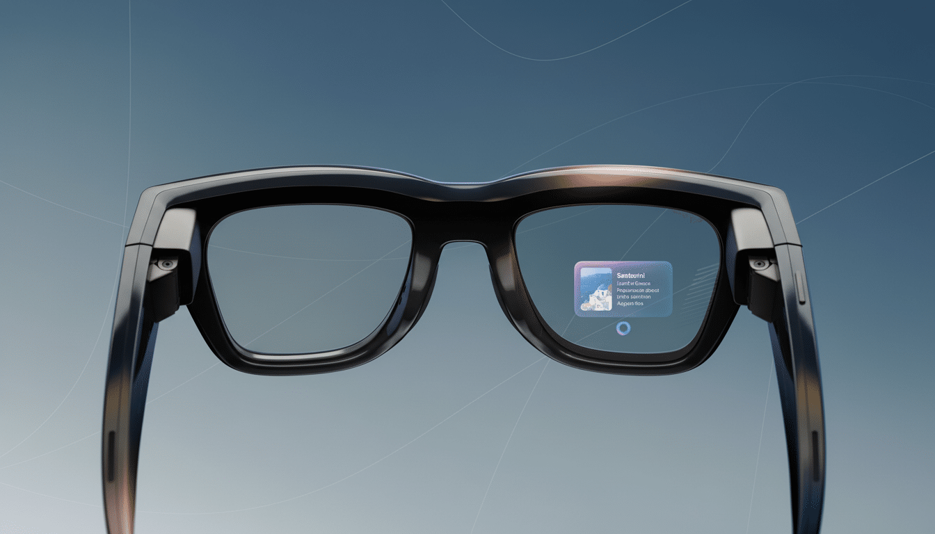 Smart glasses displaying Santorini information on the right lens, against a professional background with soft patterns and gradients.