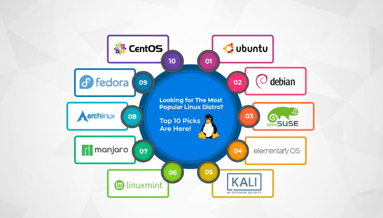 An infographic titled Looking for The Most Popular Linux Distro? Top 10 Picks Are Here! featuring the logos of ten Linux distributions arranged in a circle around a central blue disc with the text and a penguin mascot. The distributions are Ubuntu, Debian, openSUSE, elementary OS, Kali, Linux Mint, Manjaro, Arch Linux, Fedora, and CentOS. The background is a subtle light gray with a geometric pattern.