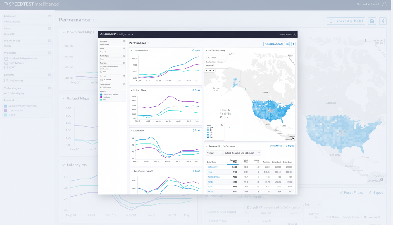 A professional dashboard displaying Speedtest Intelligence data, including download and upload Mbps, latency, and consistency scores across different
