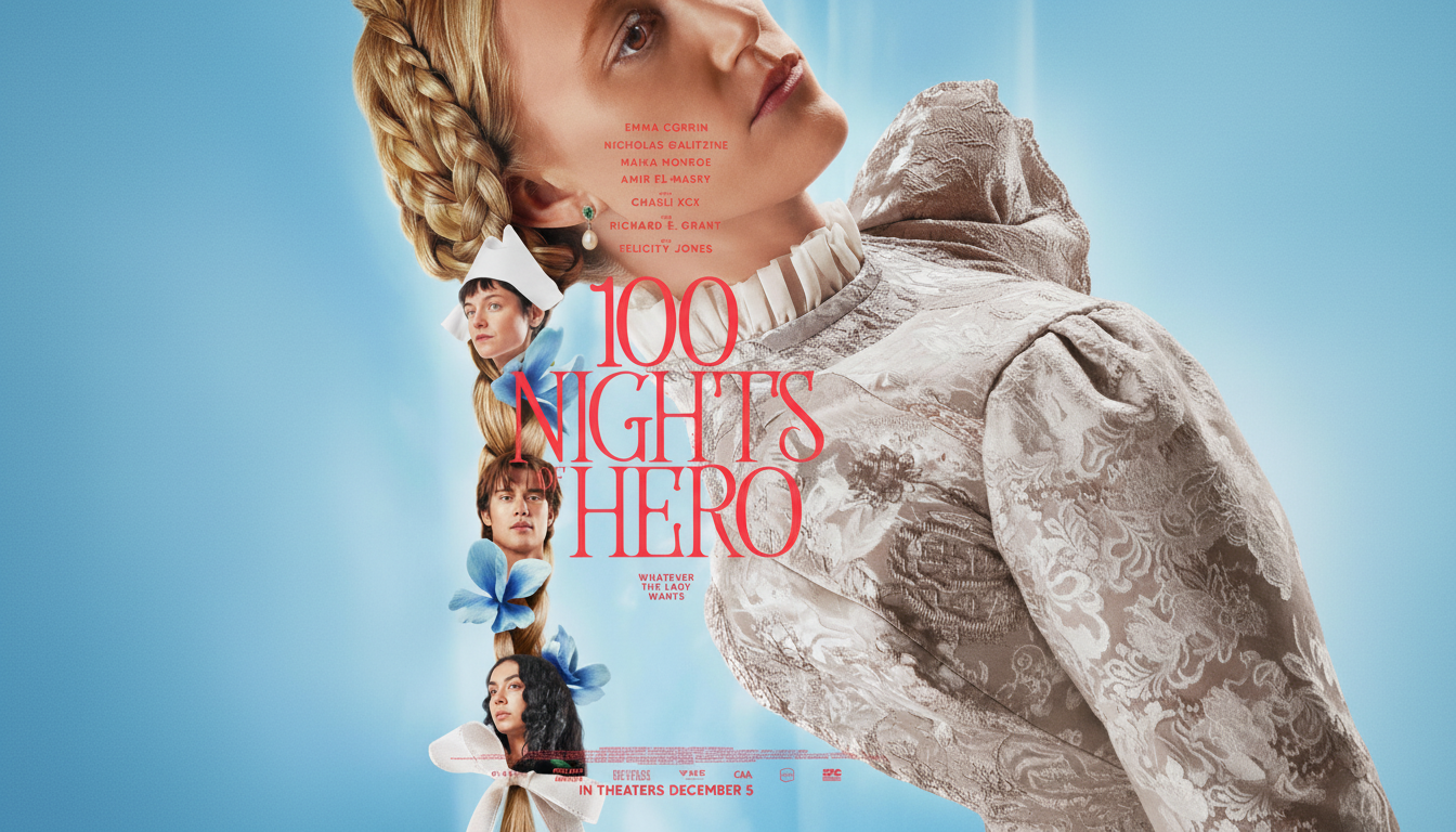 A movie poster for 100 Nights Hero featuring a woman with blonde braided hair, looking upwards, with three smaller portraits of other actors woven into her braid, against a light blue background.