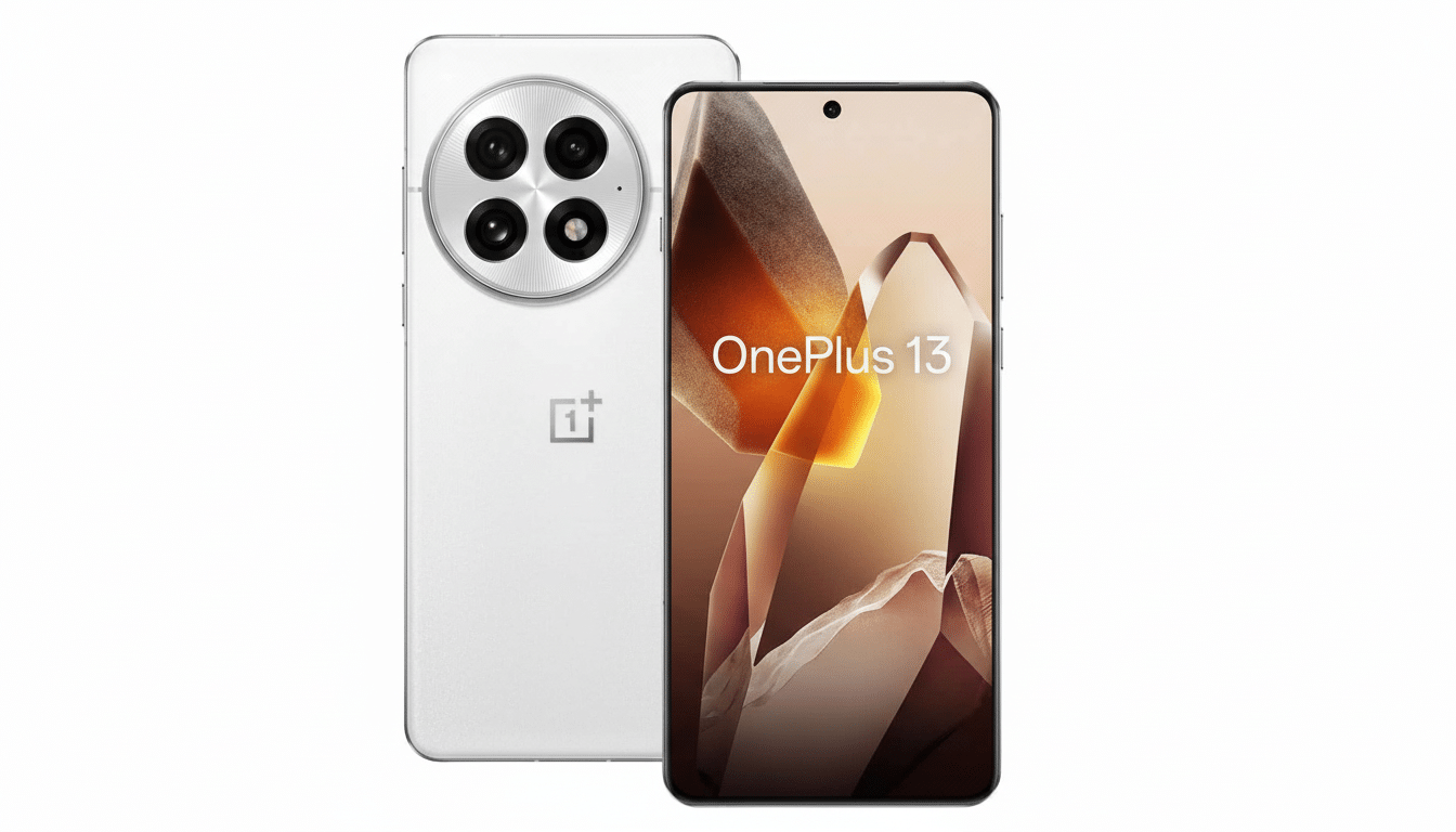 A professional image of the OnePlus 13 smartphone, showing both the front display with OnePlus 1 3 text and a crystal-like wallpaper, and the silver b