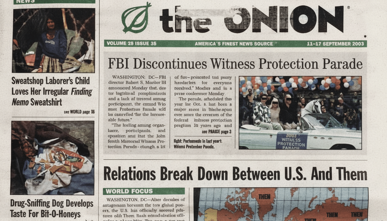 A professionally enhanced image of The Onion newspaper from September 2 003, with the main headline FBI Discontinues Witness Protection Parade and an