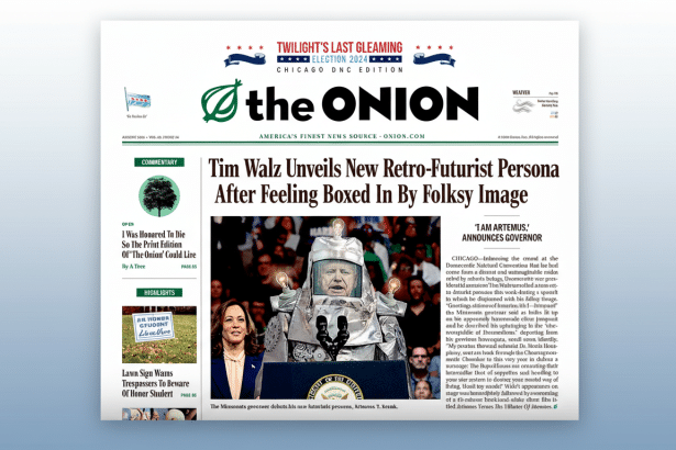 A satirical newspaper front page from The Onion, featuring a headline about Tim Walz Un veils New Retro -Futurist Persona After Feeling Boxed In By Fo