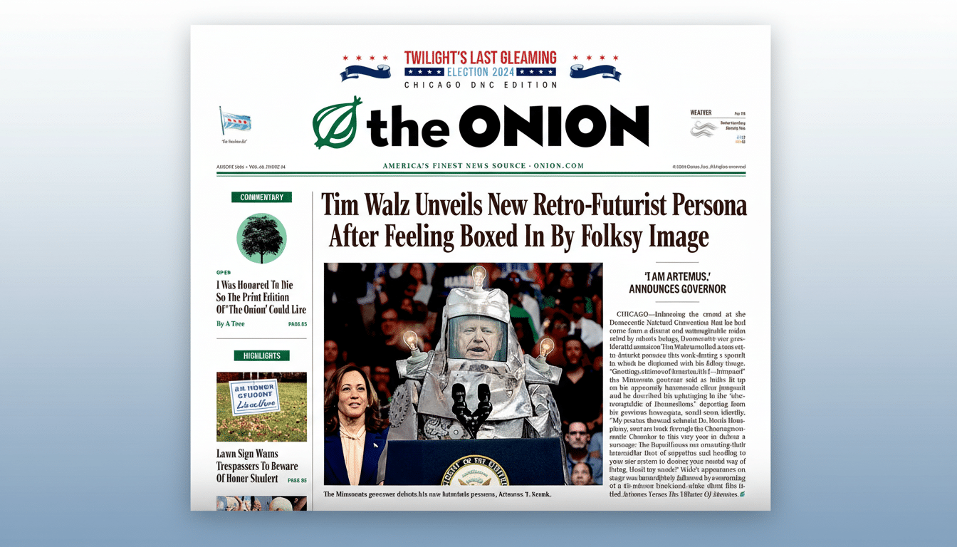 A satirical newspaper front page from The Onion, featuring a headline about Tim Walz Un veils New Retro -Futurist Persona After Feeling Boxed In By Fo