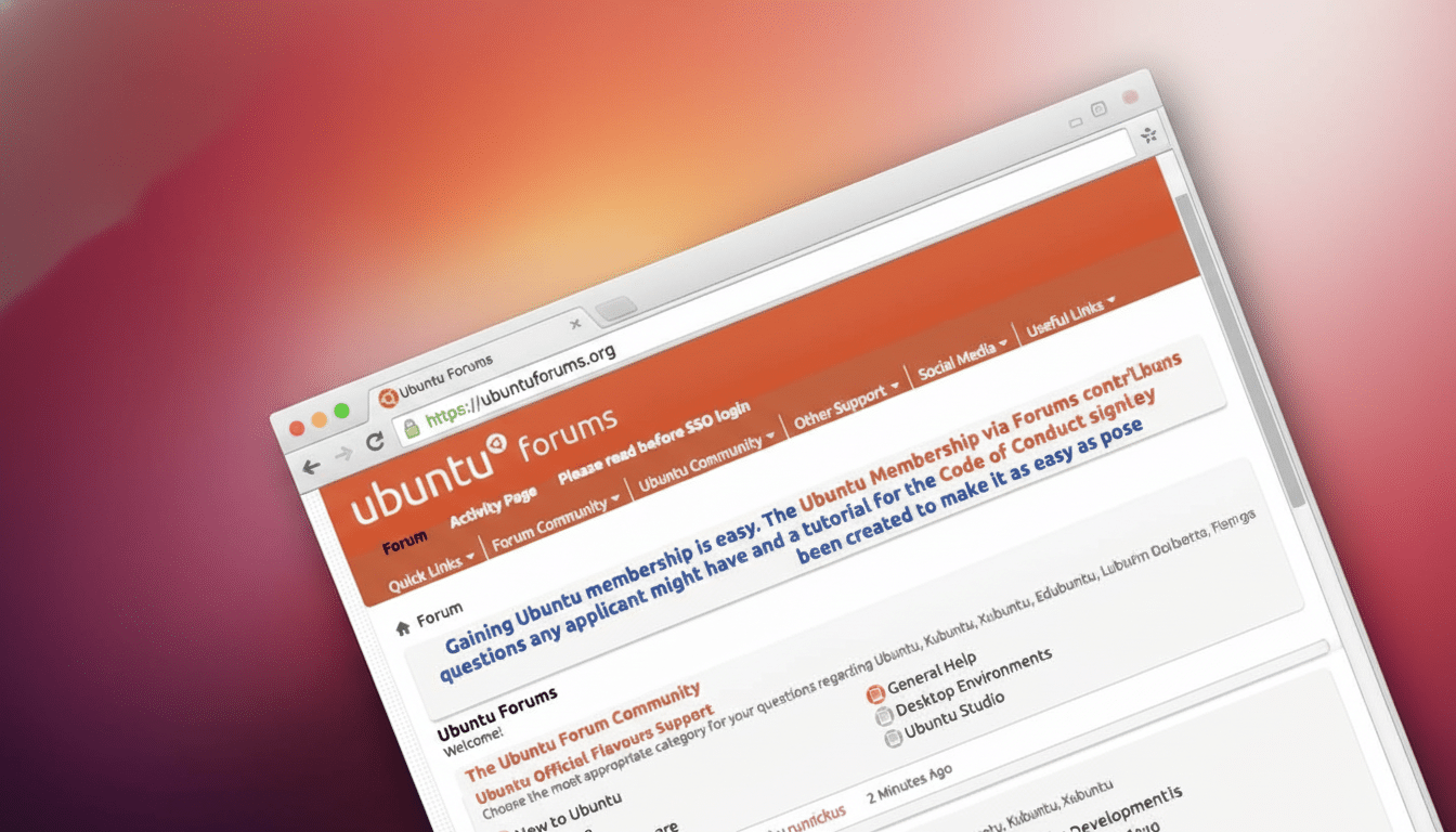 A resized and enhanced image of the Ubuntu Forums website displayed in a browser window, set against a subtle gradient background.